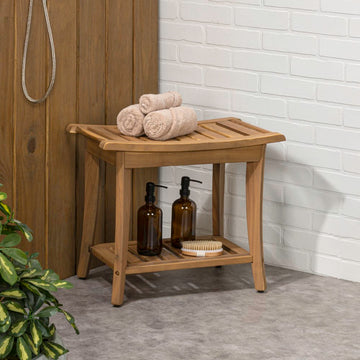 Tucker 22.1" Traditional Classic Slatted Solid Acacia Wood Indoor/Outdoor Shower Bench with Shelf and Handle